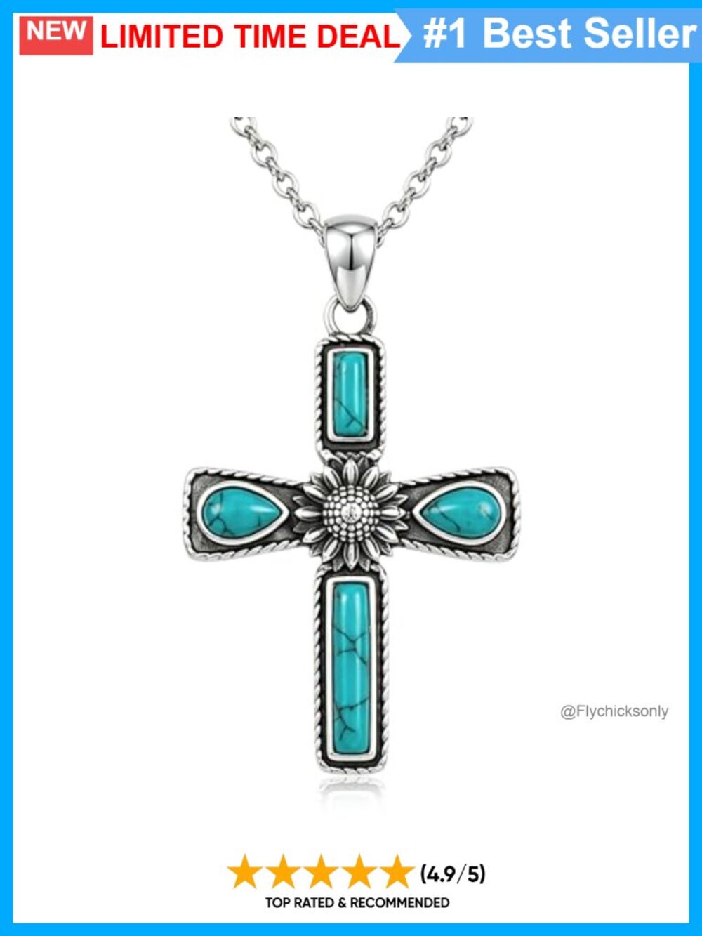 Sterling Silver Turquoise Cross Pendant Necklace 18in Adjustable